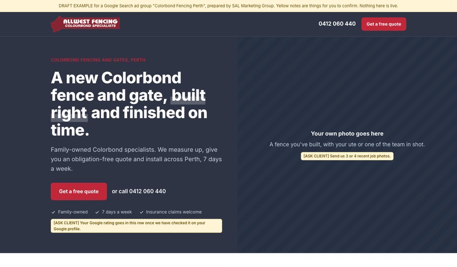 Preview of the Colorbond Fencing Perth landing page